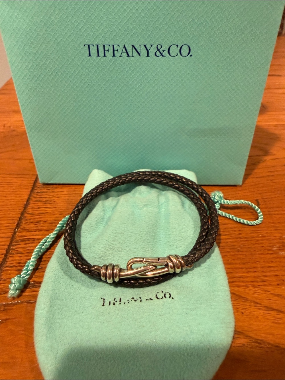 Tiffany & Co. Paloma Picasso Double Wrap Black Leather Braid Knot Bracelet